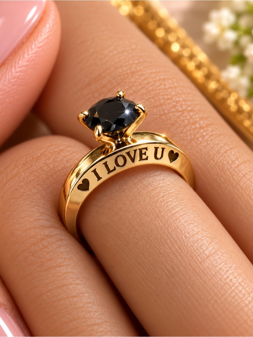 I love u ring Stainless steel  black Stone Ring -  gold plated